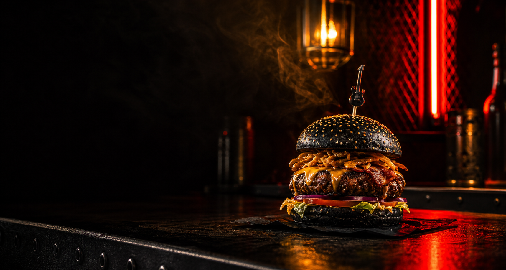 Hamburguesa premium en ambiente rockero