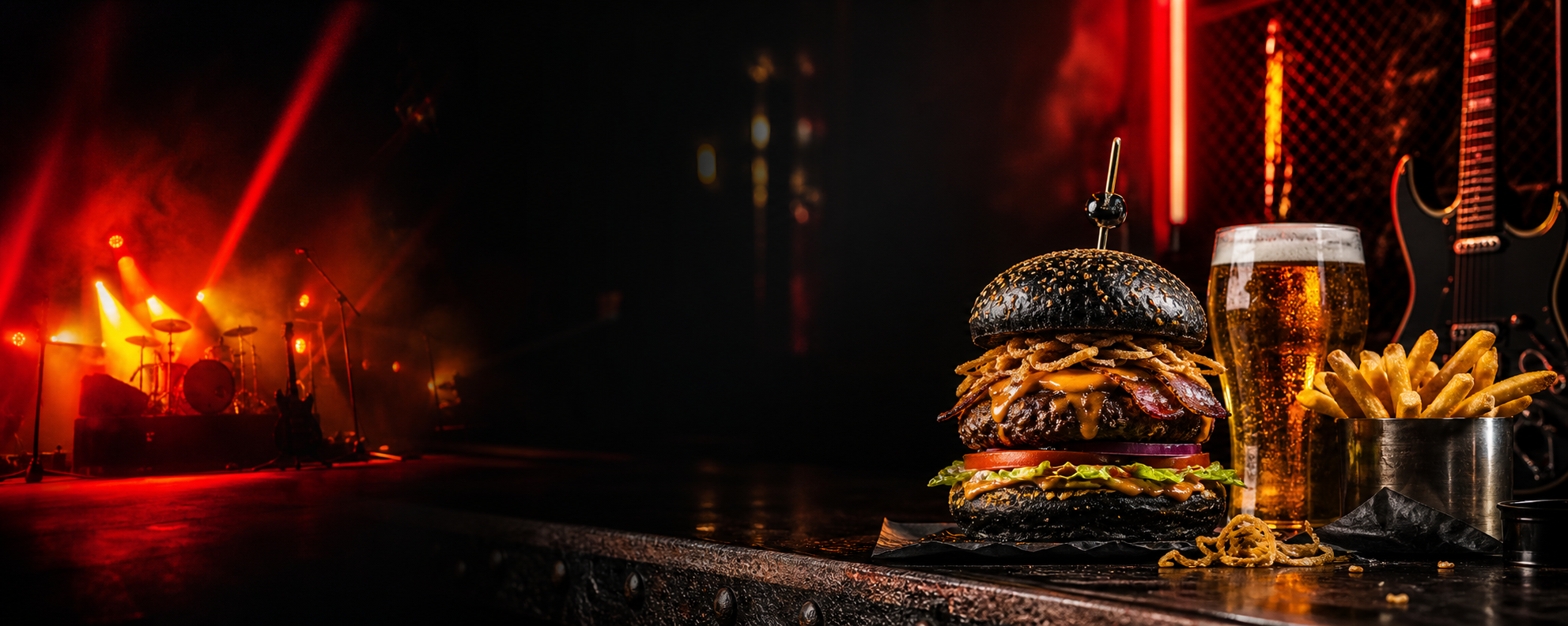Burger, cerveza y papas en ambiente de bar concierto
